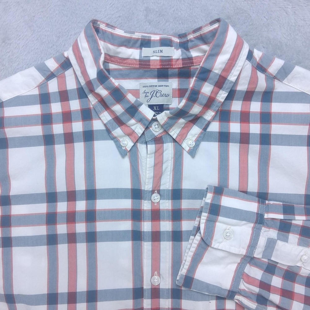 J.Crew Mens XL Slim Fit Plaid Button Up Shirt Pink Blue White Long Sleeve